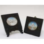 C 1900 Indian miniatures, A pair of watercolours on Ivory with ornate carved hardwood easel frames,