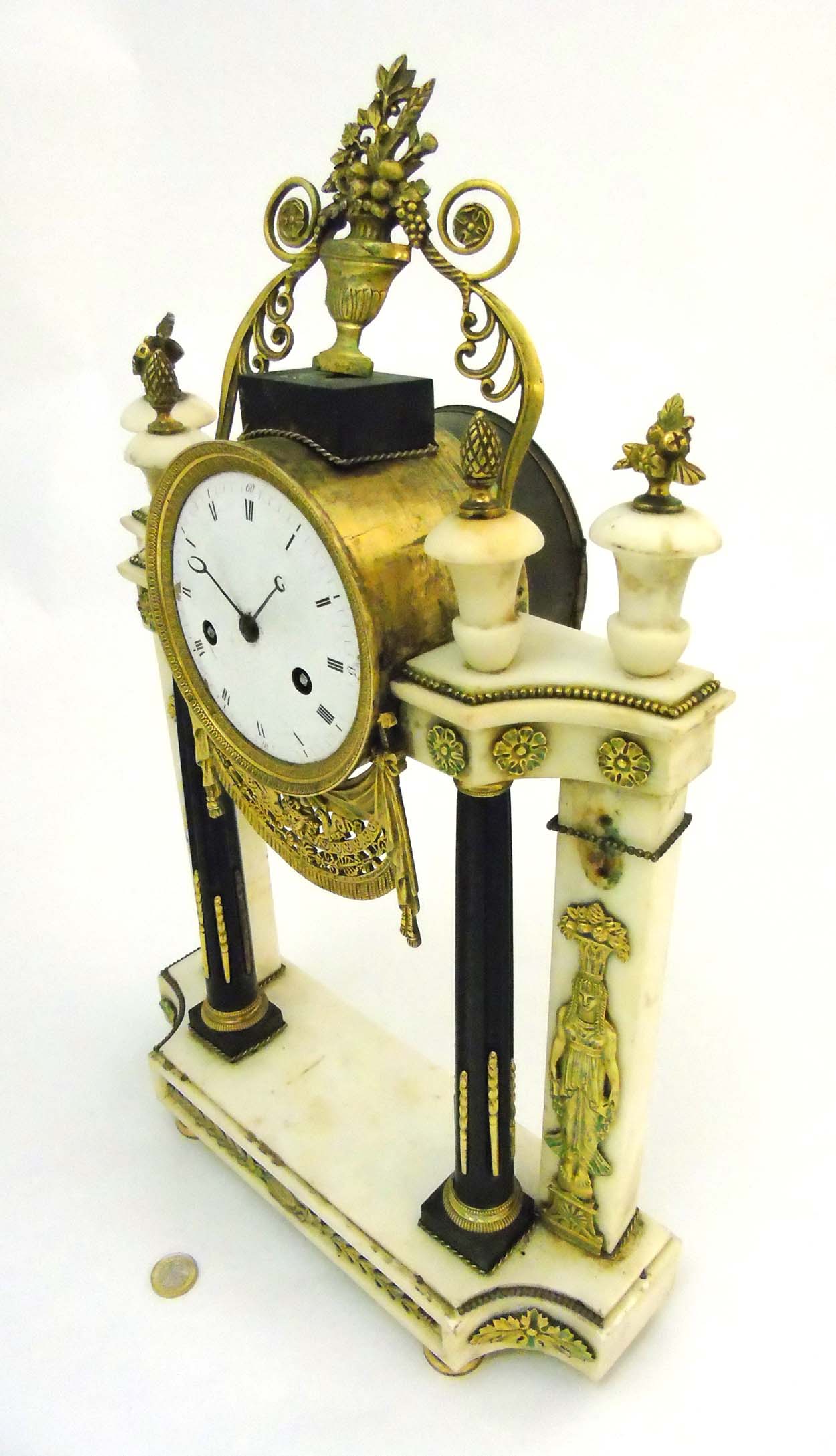 Marble Portico Clock : an Egyptian Revival white marble , Ebonised wood and brass 8 day clock , - Image 6 of 11
