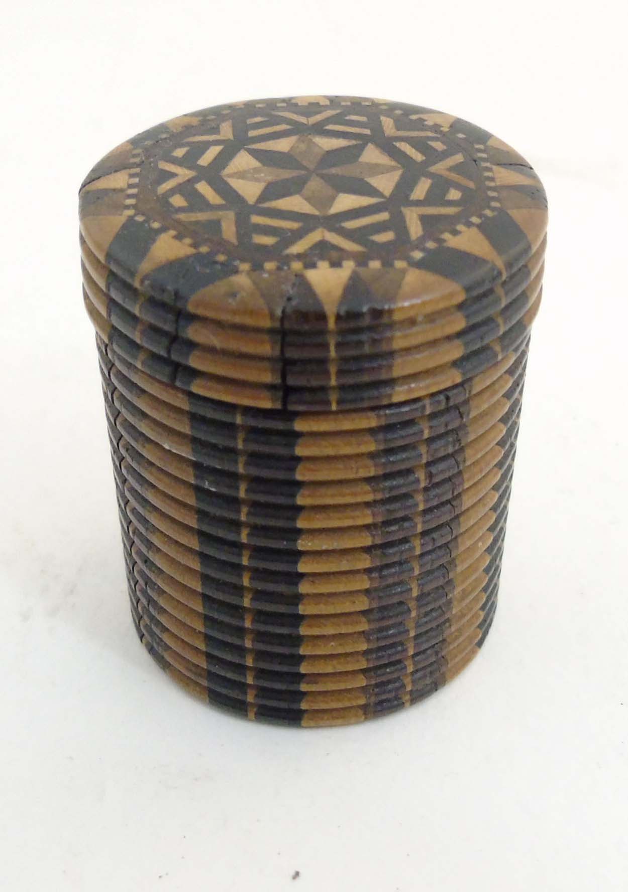 A Tunbridge 19thC stick ware parquetry games counter box of cylindrical form with screw lid. - Image 3 of 5