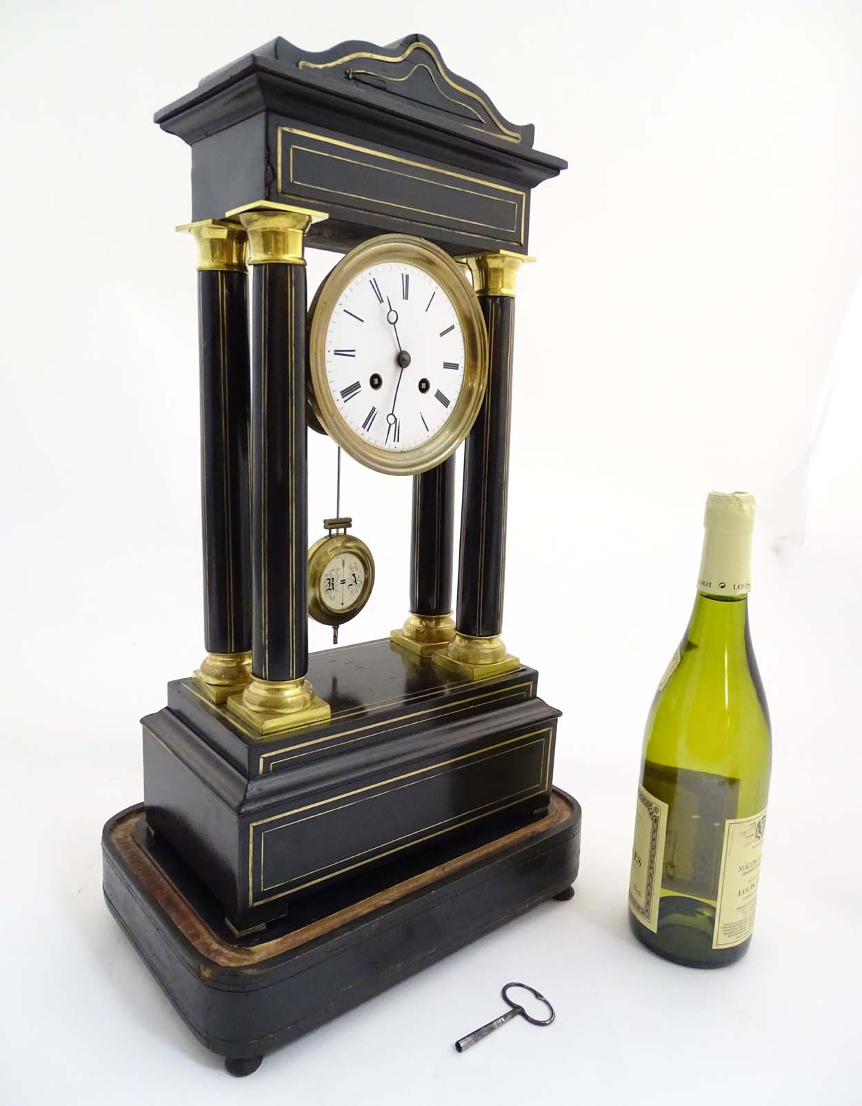 Portico clock : an 8 day 19thC Ebonised and brass Portico Clock with Japy Freres ( signed )