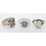 3 various silver rings including 2 set with moonstone cabochon.