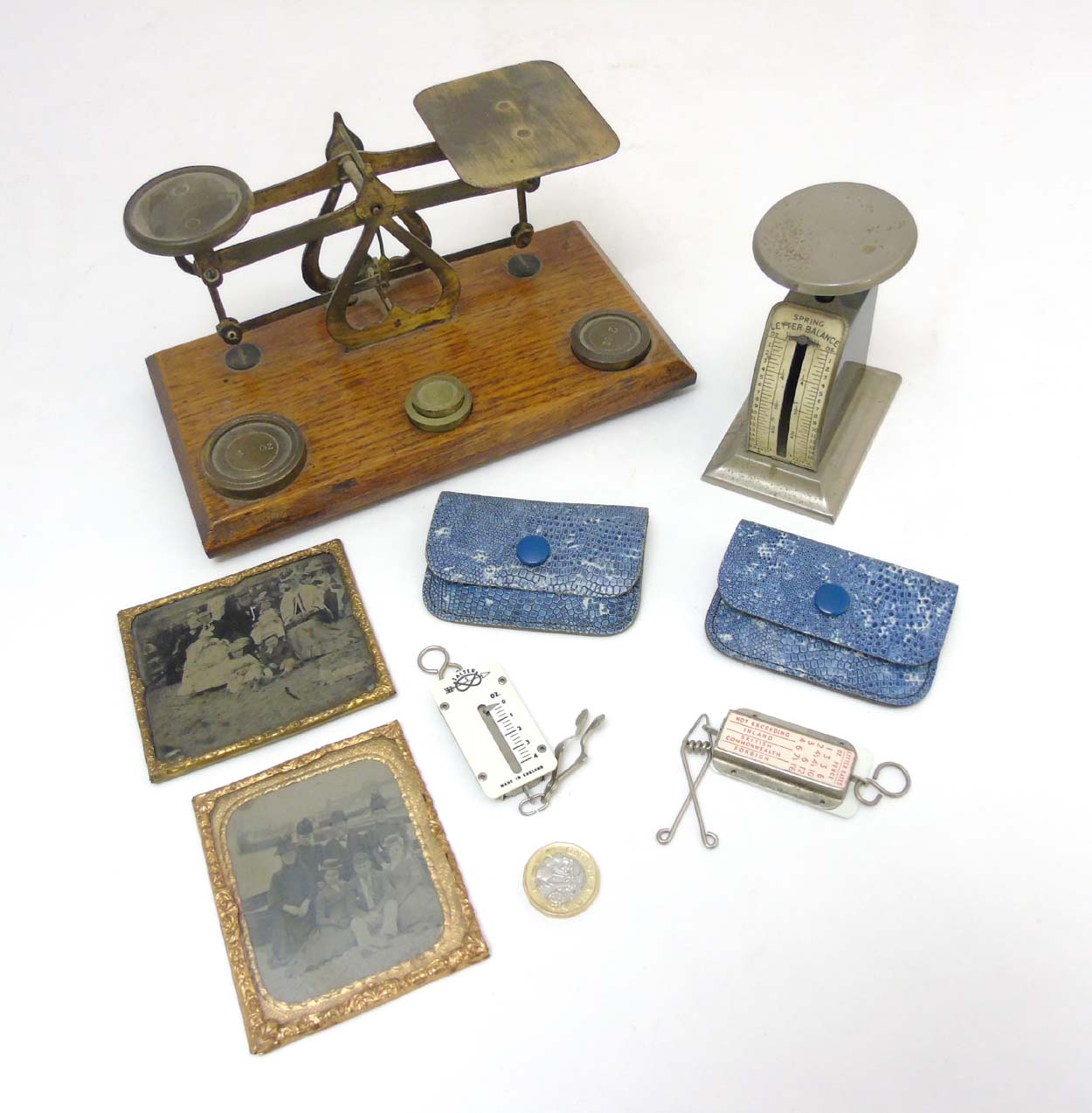 A quantity of scales to include Post Office sprung balances scales by J W & Co.