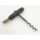 Corkscrew : an early 19th C Georgian ? corkscrew with dust brush and turned mahogany handle ,