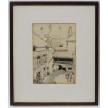 LL Ash Mid - late XX, Pen & Ink, An Inn Courtyard with open walkway balcony, Signed lower right.
