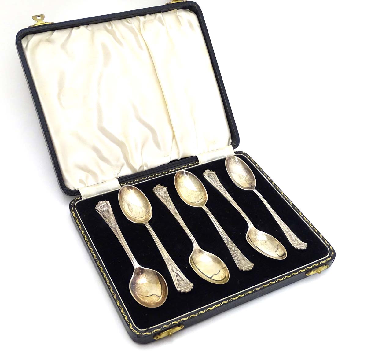 A cased set of 6 silver teaspoons having unusual celtic like decoration with wild boar head detail. - Image 4 of 13