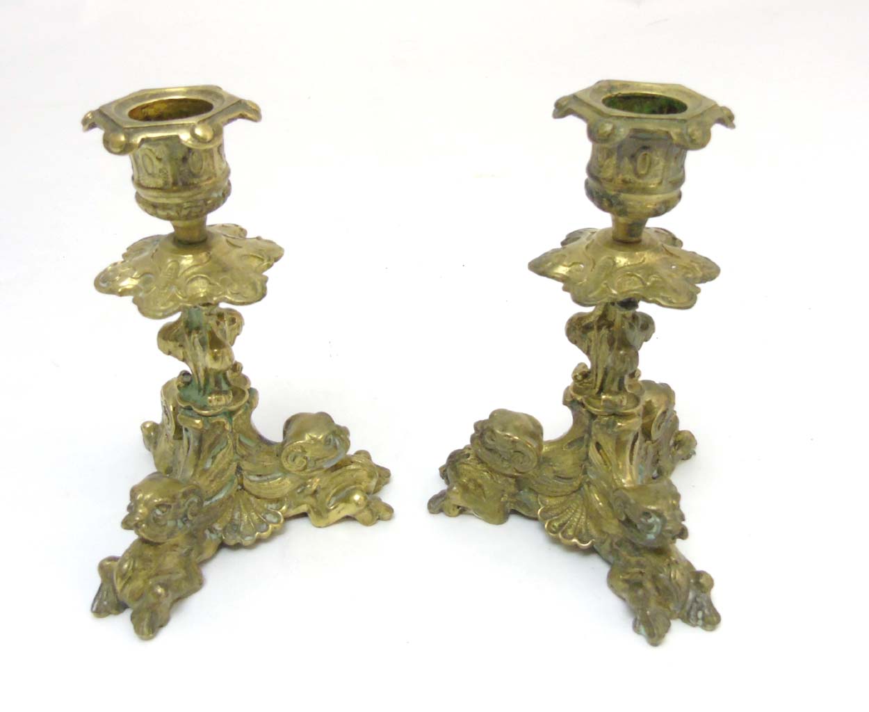 A pair of cast brass tri-form candlesticks having organic formed pedestal and 3 horned beasts to - Image 5 of 7