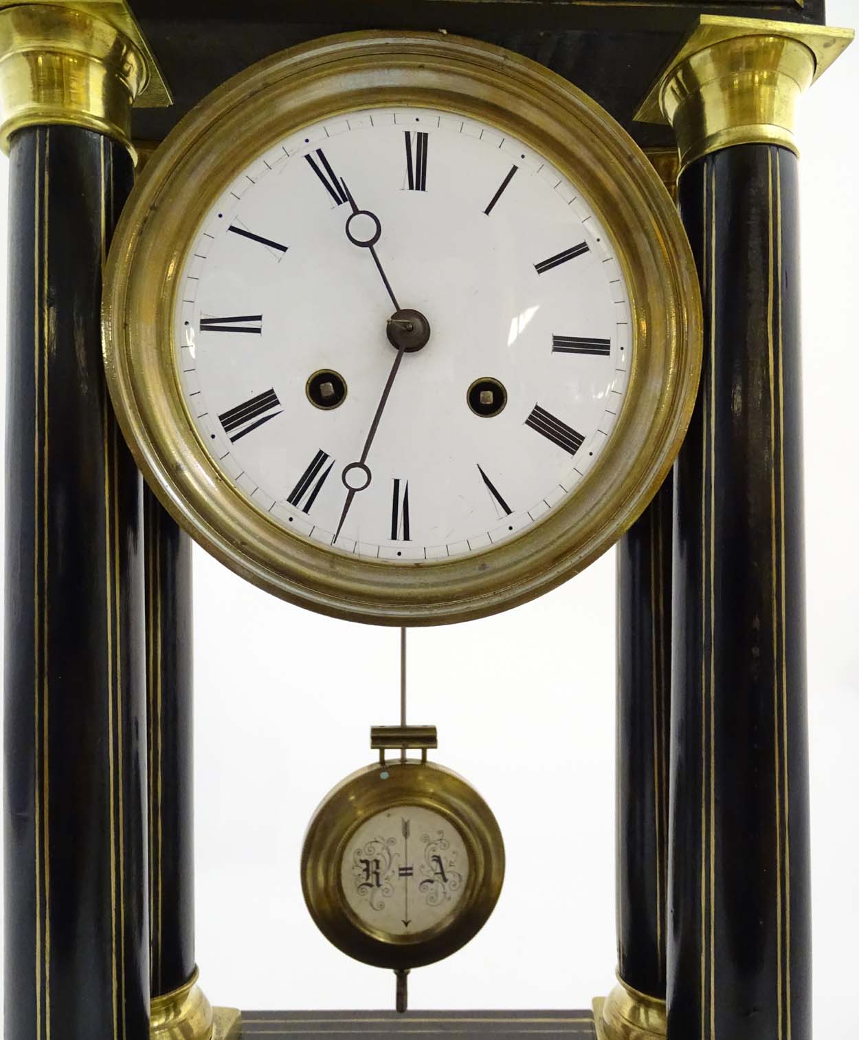 Portico clock : an 8 day 19thC Ebonised and brass Portico Clock with Japy Freres ( signed ) - Image 4 of 11