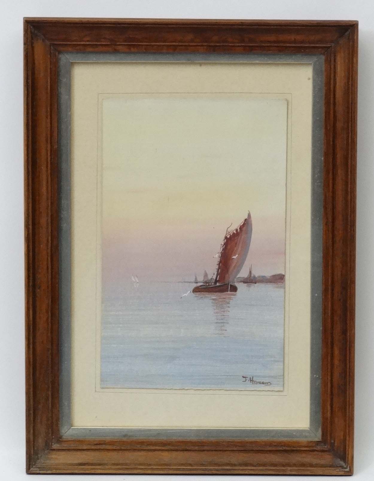 J Howard early XX Marine School, Watercolour and gouache, Returning fishing boat,