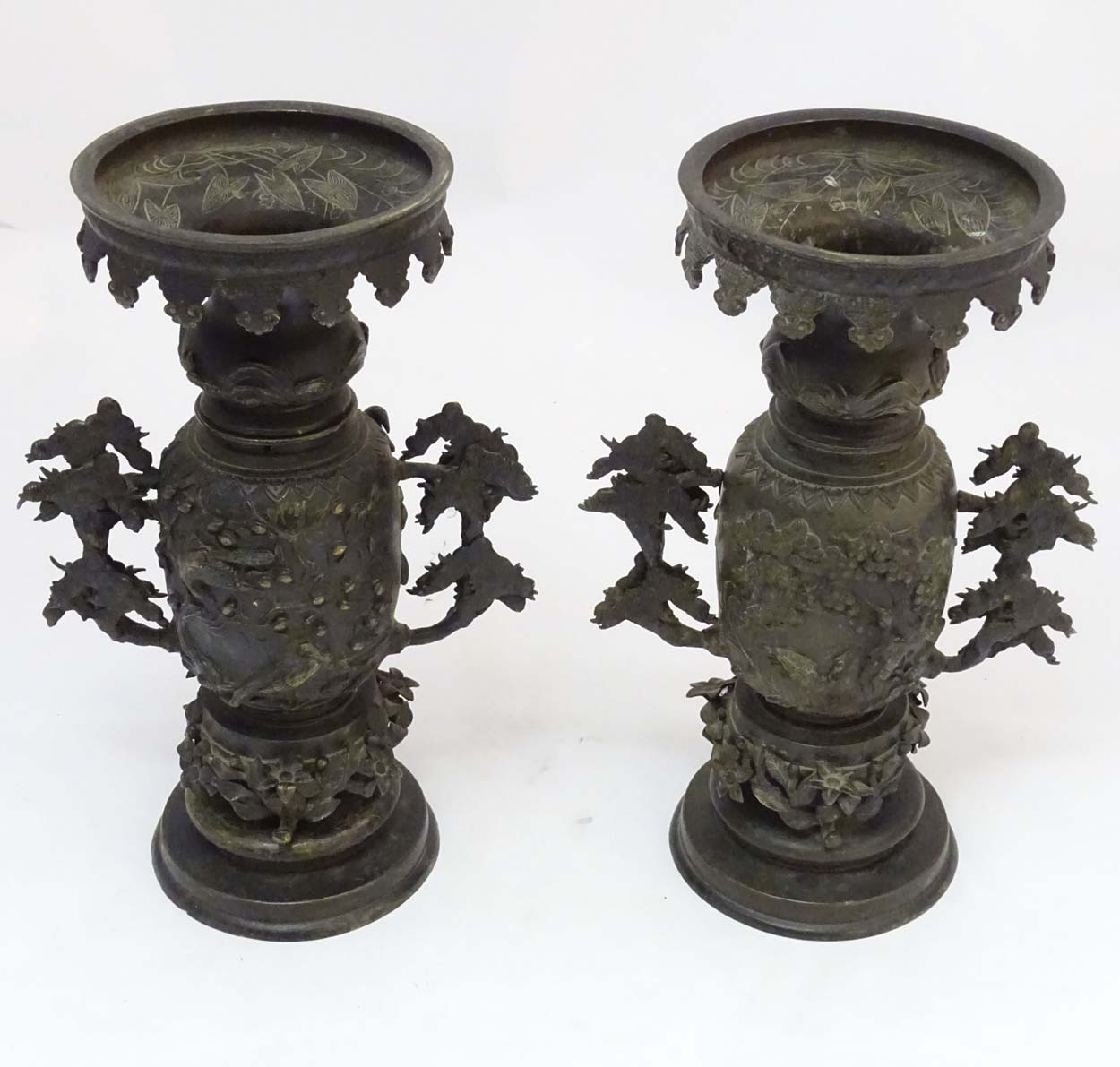 Japanese Bronze Urns : a pair of USUBATA for IKEBANA ( Japanese flower arranging ) wide necks with - Image 4 of 7