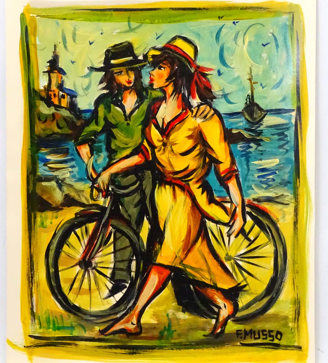 Francesco Musso (1942) Spanish, Acrylic, Strolling with a bicycle, Signed under lower right. - Image 3 of 4