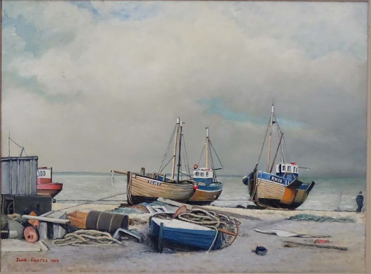 John Routes 1986 Marine School, Oil on canvas, Fishing boats on the beach in an estuary, - Image 3 of 4