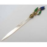 Plique a jour : A glass, brass and mother of pearl 19thC paperknife.