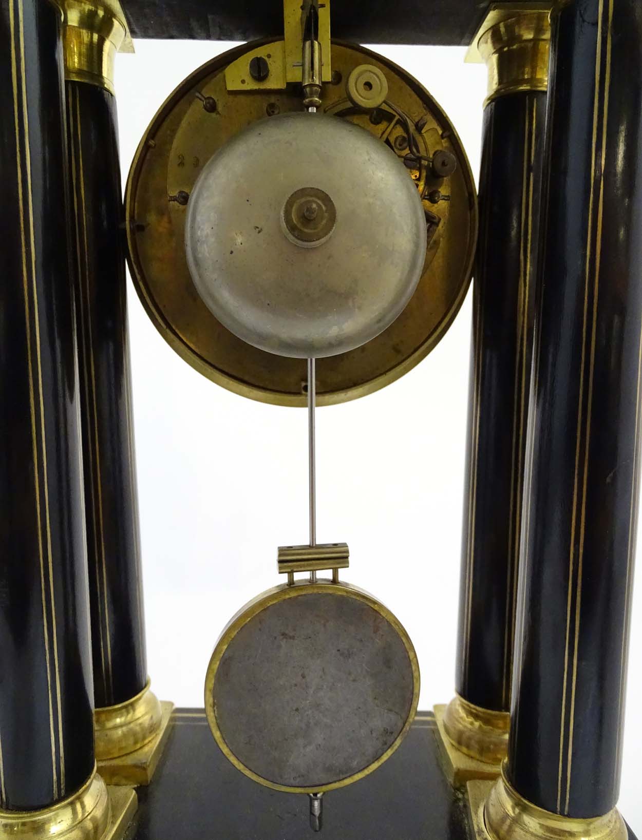 Portico clock : an 8 day 19thC Ebonised and brass Portico Clock with Japy Freres ( signed ) - Image 7 of 11