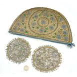 An old pair of lace roundels with scarab beetle / insect wing decoration,