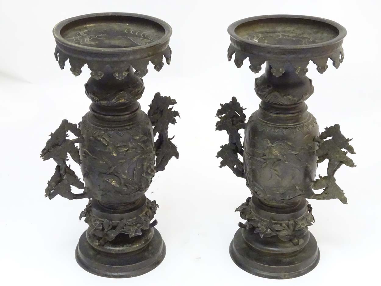 Japanese Bronze Urns : a pair of USUBATA for IKEBANA ( Japanese flower arranging ) wide necks with - Image 5 of 7