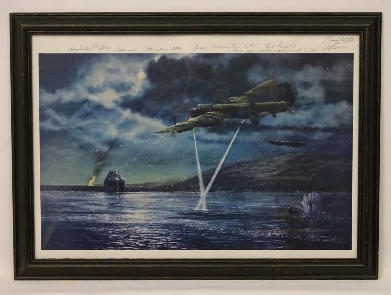 Militaria : A polychrome print depicting action from Operation Chastise, the 'Dambusters' raid. - Image 2 of 9