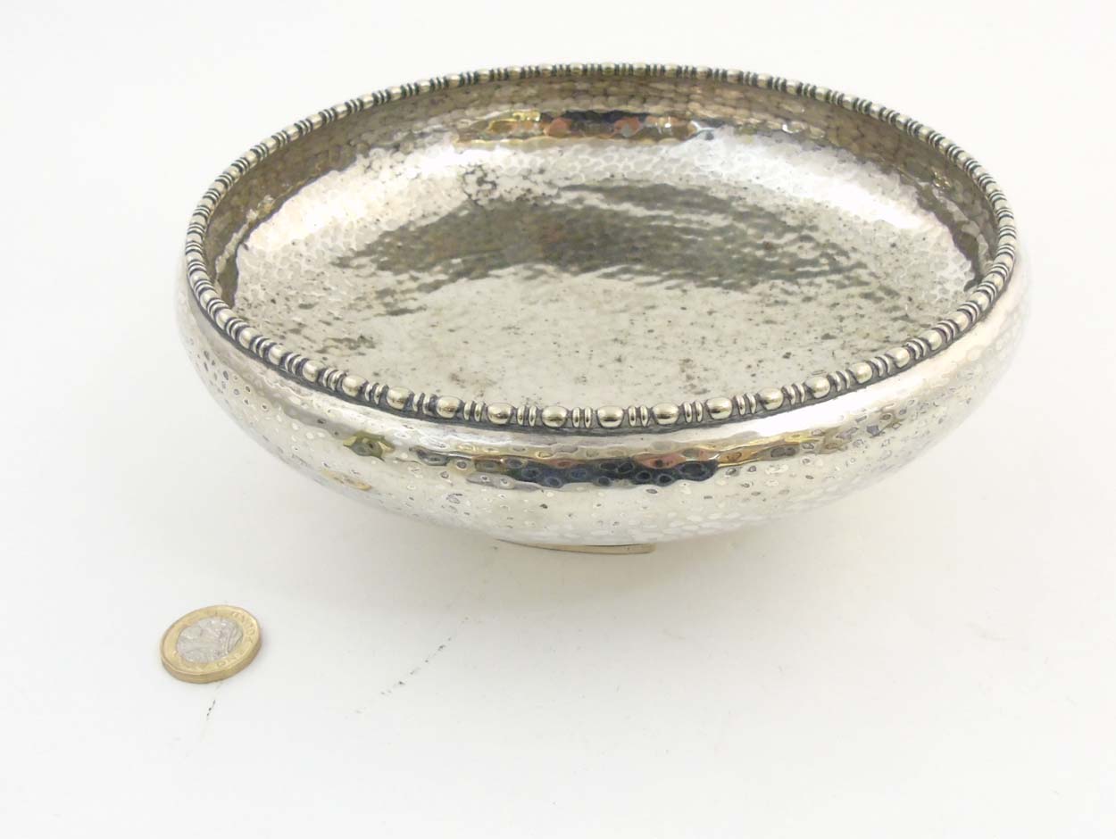 Arts and Crafts : A four foot hammered silver plate bowl by J B Chatterly & Sons ltd. Marked under. - Image 3 of 9