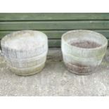 Garden and Architectural Salvage : A pair of reconstituted stone 1/2 barrel form planters ,
