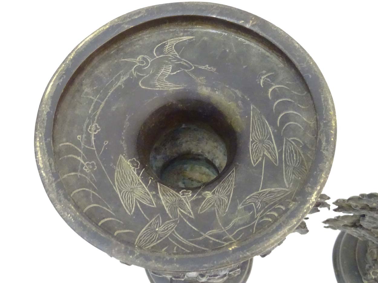 Japanese Bronze Urns : a pair of USUBATA for IKEBANA ( Japanese flower arranging ) wide necks with - Image 2 of 7