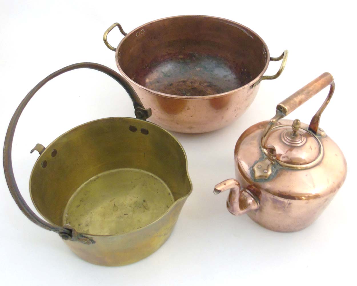 19th C cooking items to include : a copper stove top kettle ,