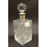 H M Silver and Lead Crystal Decanter with HMS bottle tag : a moulded and dut lead crystal squared
