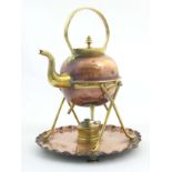 Arts and Crafts : ' Soutter's Patent no. 1830/96' A brass and copper spririt kettle on stand .