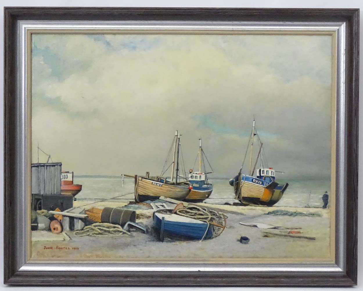 John Routes 1986 Marine School, Oil on canvas, Fishing boats on the beach in an estuary,