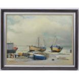 John Routes 1986 Marine School, Oil on canvas, Fishing boats on the beach in an estuary,