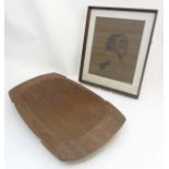 A large rectangular scalloped Aboriginal wood bowl with carved geometric decoration,
