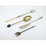 Assorted silver items comprising: A silver pickle fork with mother of pearl handle,
