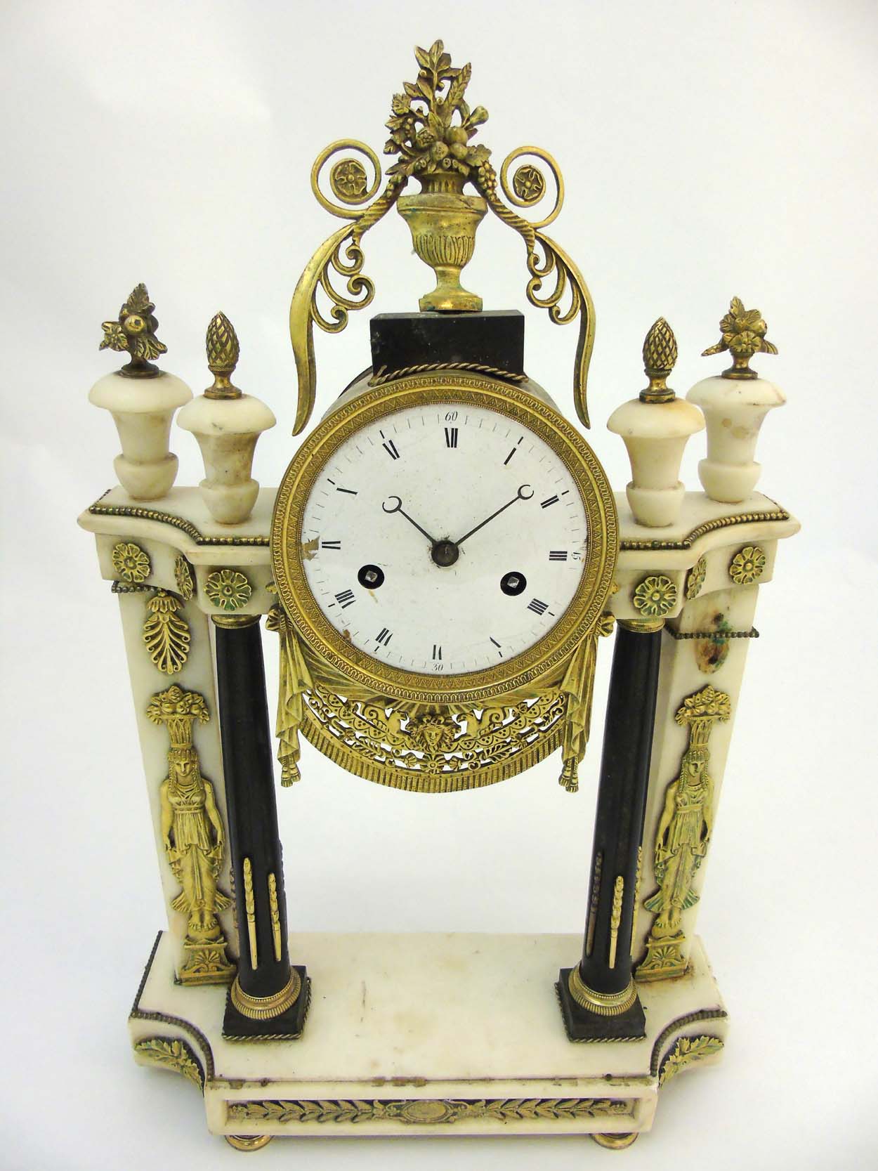 Marble Portico Clock : an Egyptian Revival white marble , Ebonised wood and brass 8 day clock ,