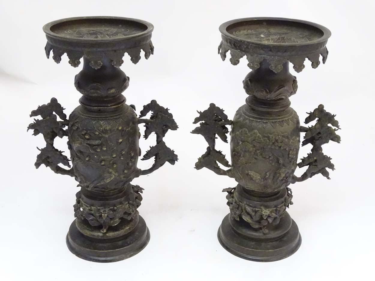 Japanese Bronze Urns : a pair of USUBATA for IKEBANA ( Japanese flower arranging ) wide necks with - Image 3 of 7