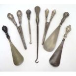 Assorted silver handled items to include button hooks,