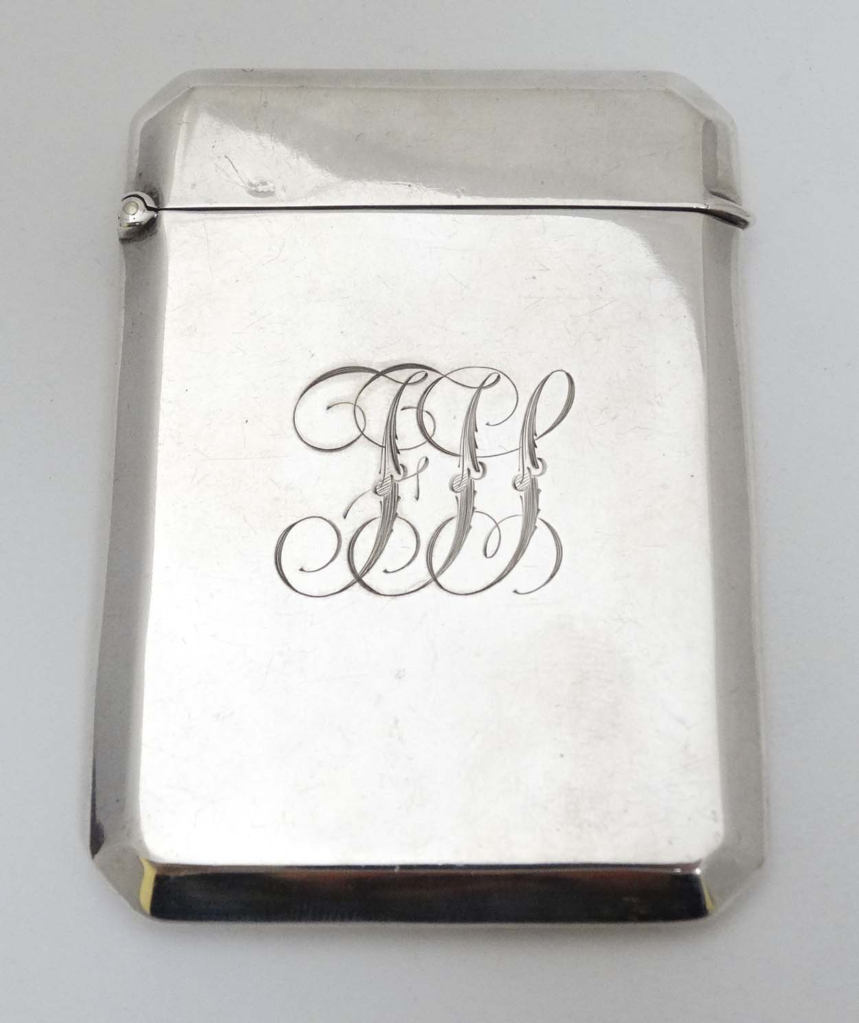 A silver visiting card case with hinged lid and canted corners. - Image 3 of 7