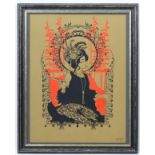 A framed limited edition (8/100) woodblock print in red and black on light brown background,