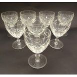 Waterford style crystal : a set of 8 pedestal red wine glasses with slice cut decoration ,