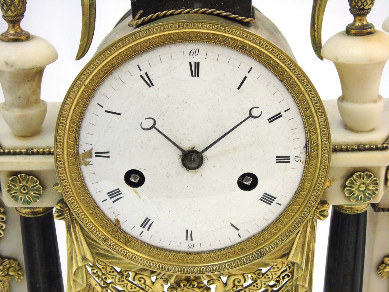 Marble Portico Clock : an Egyptian Revival white marble , Ebonised wood and brass 8 day clock , - Image 9 of 11