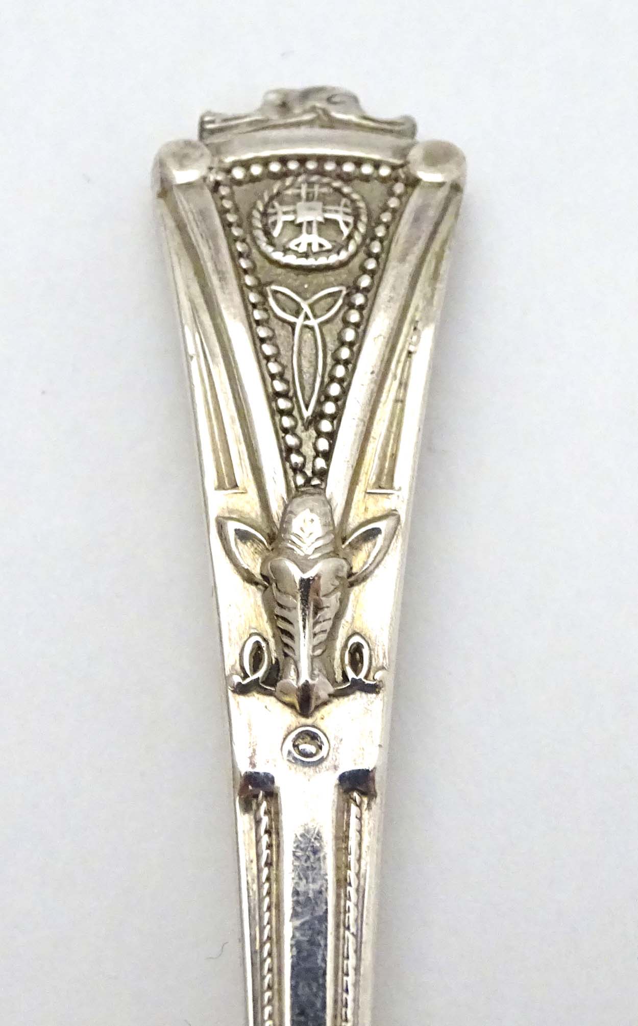 A cased set of 6 silver teaspoons having unusual celtic like decoration with wild boar head detail. - Image 12 of 13