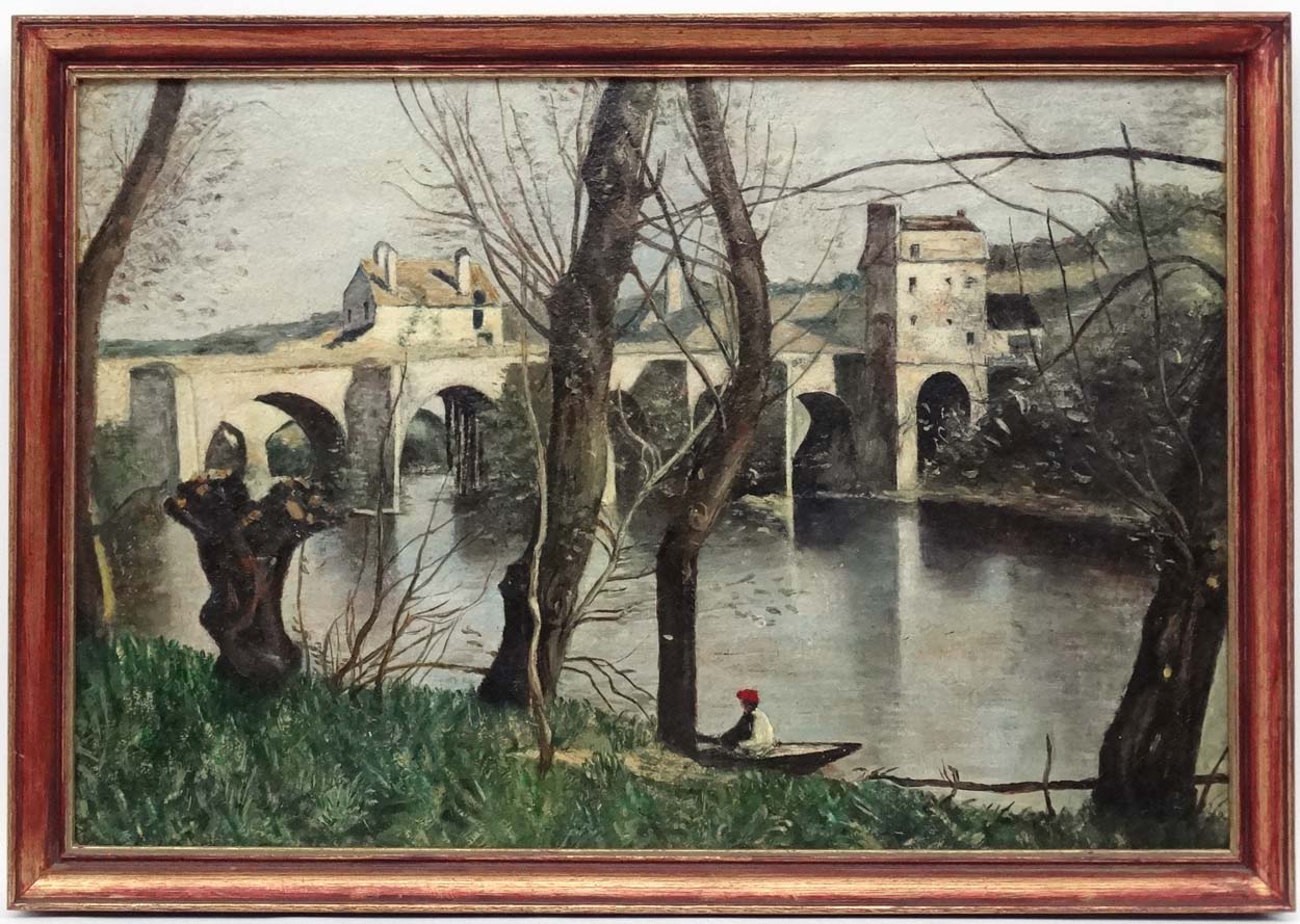 Ena D Biddle after Camille Corot, Oil on Artist's Board, ' The Bridge at Nantes ', Labelled verso. - Image 2 of 4