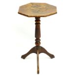 An early / mid 19thC fruitwood tripod table with octagonal top, standing on unusual pierced legs.