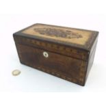 A mid 19thC Tunbridge stickware tea caddy with Rosewood veneered sides and 8 1/8" wide x 4 1/"