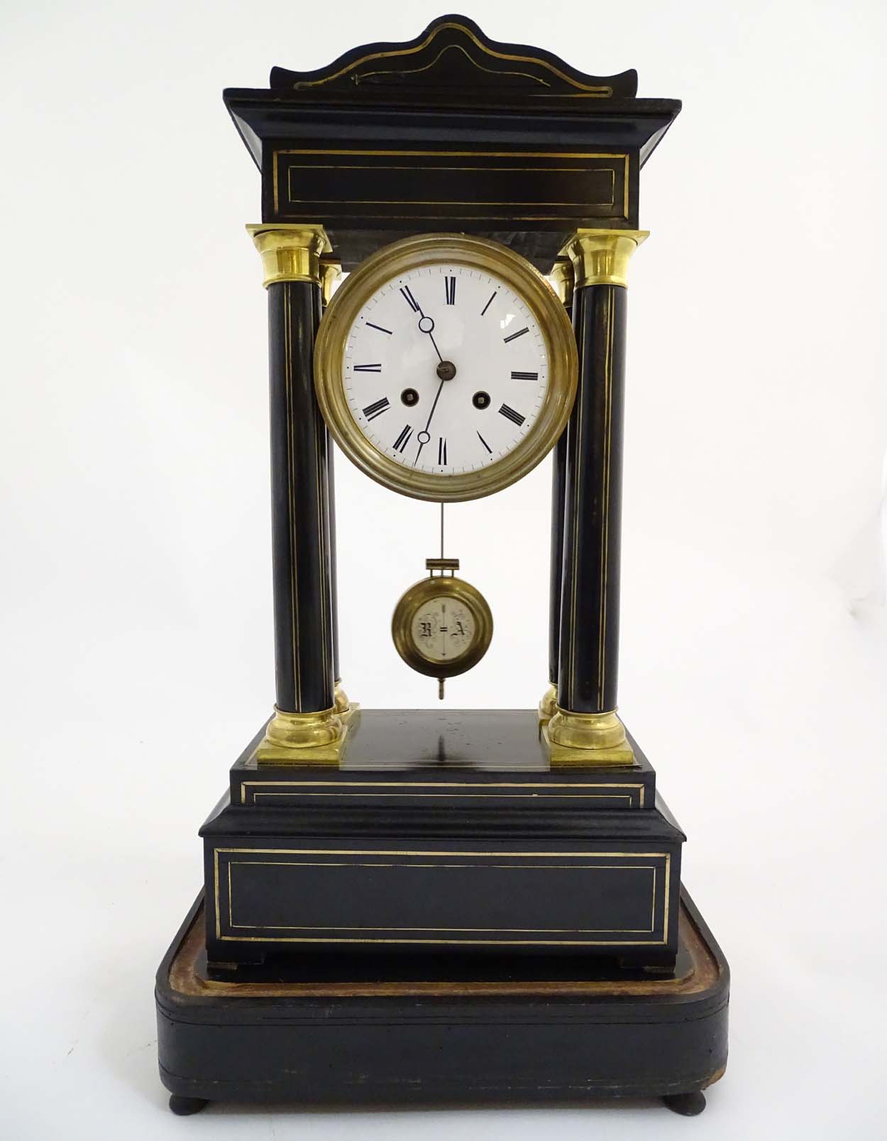 Portico clock : an 8 day 19thC Ebonised and brass Portico Clock with Japy Freres ( signed ) - Image 2 of 11