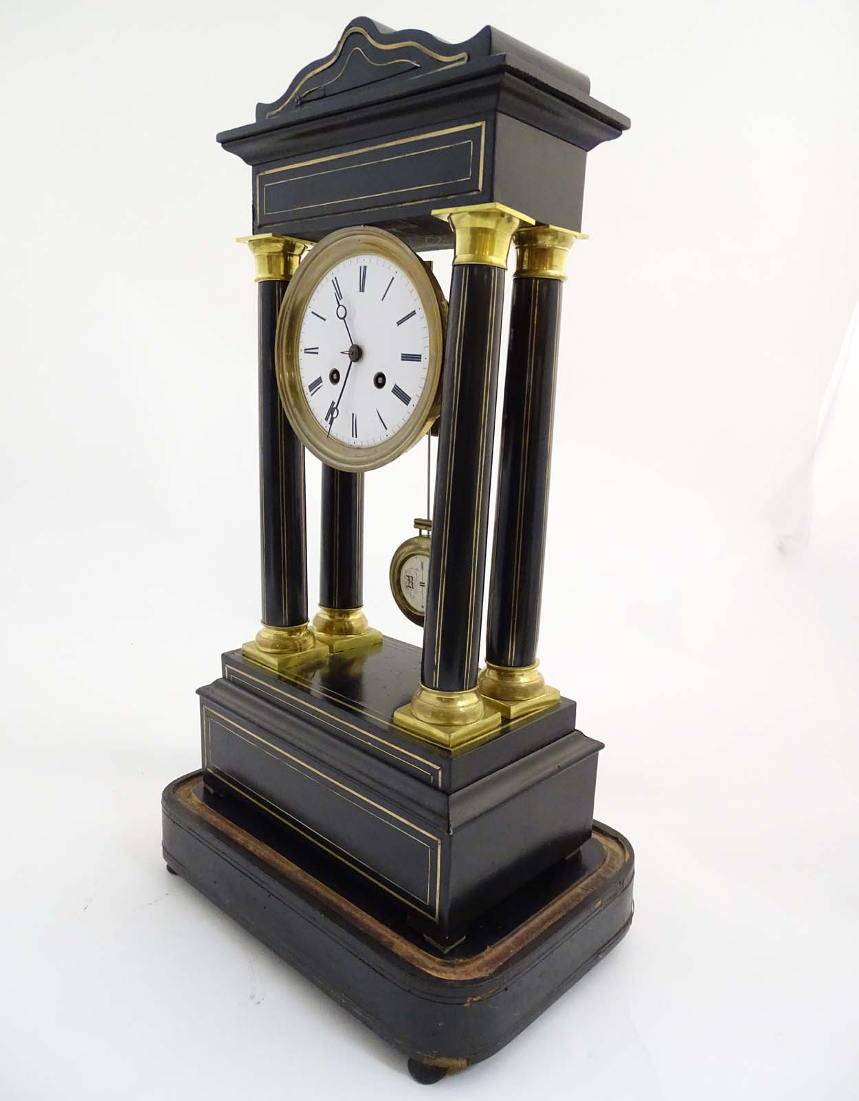 Portico clock : an 8 day 19thC Ebonised and brass Portico Clock with Japy Freres ( signed ) - Image 3 of 11