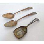 3 items of Old Sheffield Plate comprising 2 teaspoons and a caddy spoon with bright cut decoration.