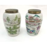 A pair of Chinese famille rose vases with silver rim,