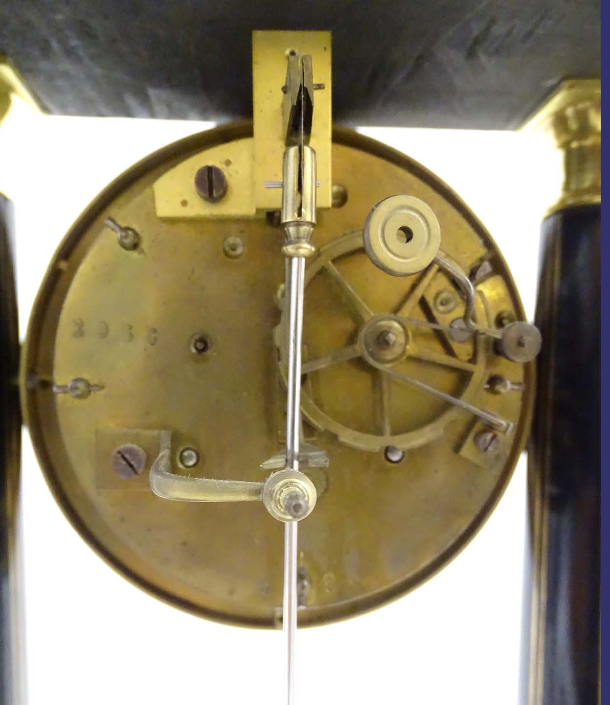 Portico clock : an 8 day 19thC Ebonised and brass Portico Clock with Japy Freres ( signed ) - Image 8 of 11