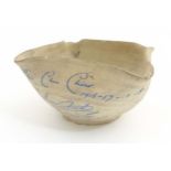 An English pottery clay bowl having theatre performance 'Chu Chin Chow' 1916-17-18-19 inscribed in