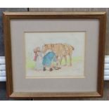 A pen and watercolour picture of horse and two people by Randolph Caldecott R.I.