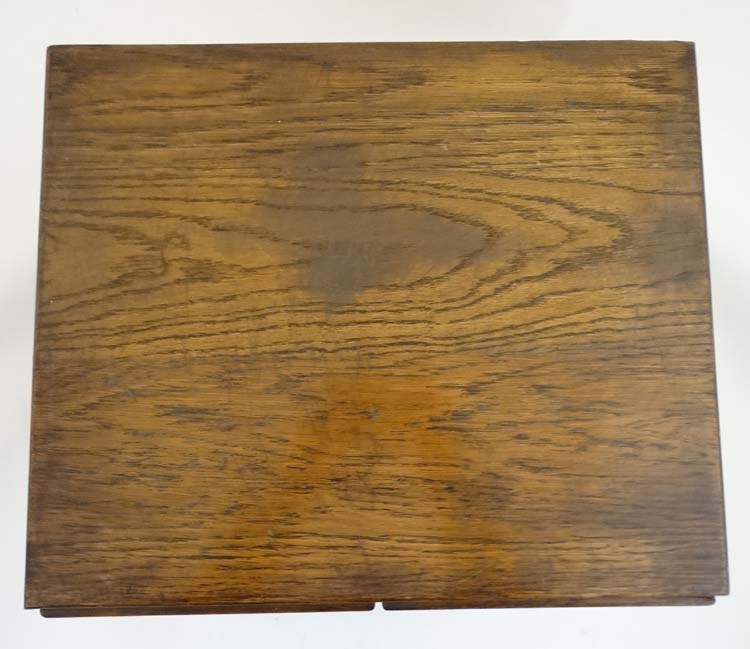 An early 20th C oak four drawer table top filing cabinet, with sliding sections within, - Image 6 of 7