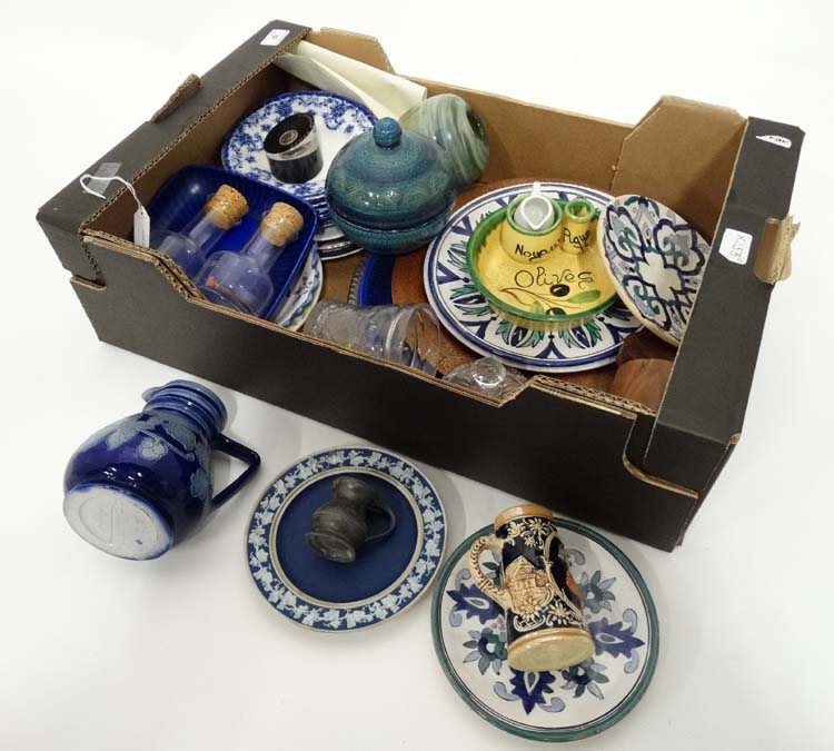 A box of ceramics/plates, glass to include pieces by Faience, Quimper,